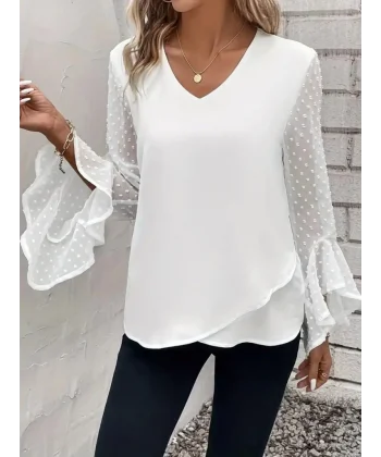 Kadın Uzun Kollu V Yakalı Kolları Ispanyol Detayı Sandy Bluz