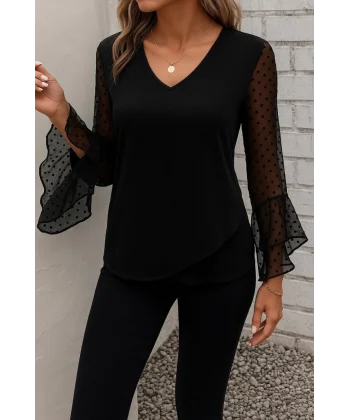 Kadın Uzun Kollu V Yakalı Kolları Ispanyol Detayı Sandy Bluz