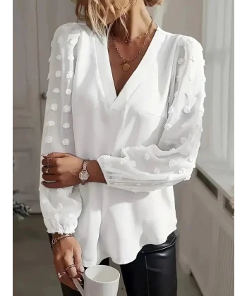 Kadın Uzun Kollu V Yakalı Kolları Popon Detaylı Sandy Bluz