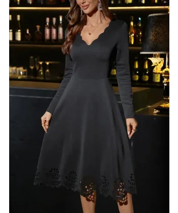 Kadın Uzun Kollu V Yakalı Lazer Kesim Detaylı Midi Ithal Krep Elbise