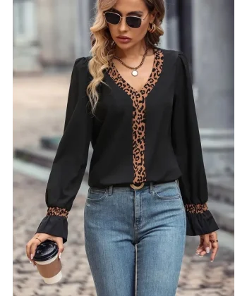 Kadın Uzun Kollu V Yakalı Leopar Detaylı Krep Bluz