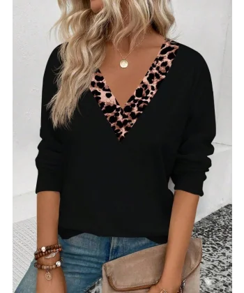 Kadın Uzun Kollu V Yakalı Leopar Detaylı Viskon Iki Iplik Bluz