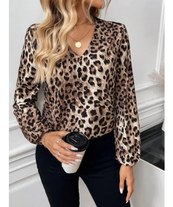 Kadın Uzun Kollu V Yakalı Modal Leopar Bluz