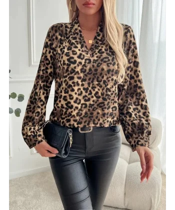Kadın Uzun Kollu V Yakalı Modal Leopar Desenli Bluz