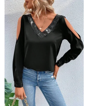 Kadın Uzun Kollu V Yakalı Omuzlardan Açık Sandy Bluz