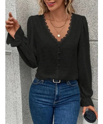 Kadın Uzun Kollu V Yakalı önden Düğmeli Bluz