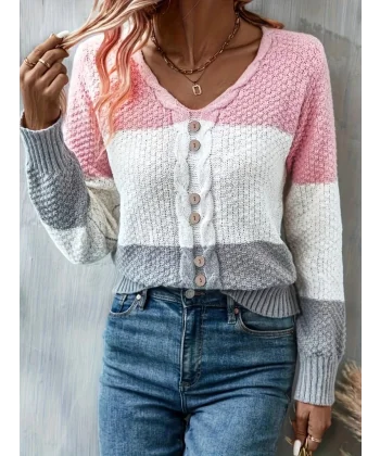 Kadın Uzun Kollu V Yakalı önden Düğmeli çok Renkli Bluz