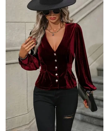 Kadın Uzun Kollu V Yakalı önden Düğmeli Kısa Kadife Bluz