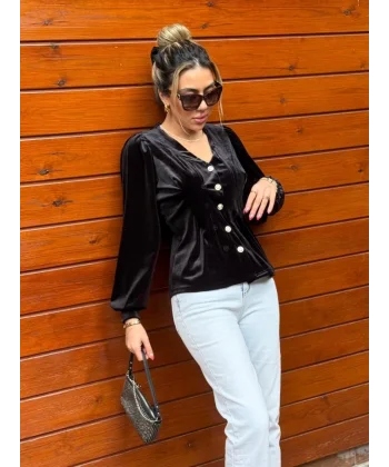 Kadın Uzun Kollu V Yakalı önden Düğmeli Kısa Kadife Bluz