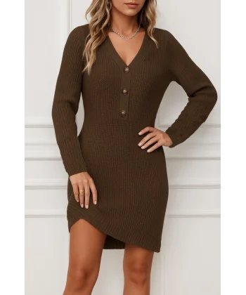 Kadın Uzun Kollu V Yakalı önden Düğmeli Kısa Triko Elbise