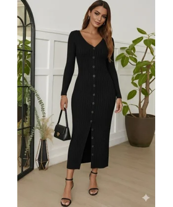 Kadın Uzun Kollu V Yakalı önden Düğmeli şardonlu Kaşkorse Elbise