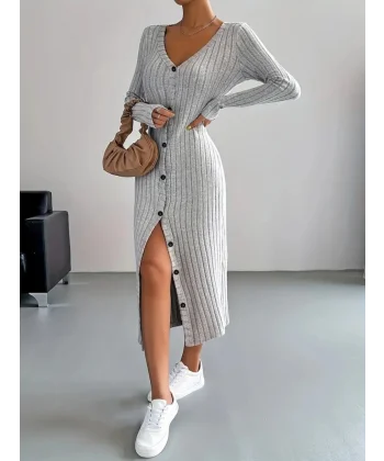 Kadın Uzun Kollu V Yakalı önden Düğmeli şardonlu Kaşkorse Elbise