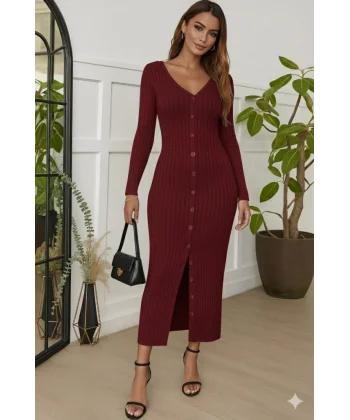 Kadın Uzun Kollu V Yakalı önden Düğmeli şardonlu Kaşkorse Elbise