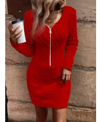 Kadın Uzun Kollu V Yakalı önden Fermuarlı Kısa Triko Elbise