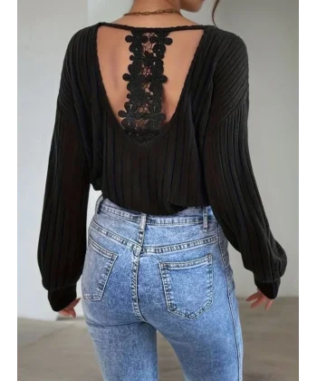 Kadın Uzun Kollu V Yakalı Pencere Sırt Dantel Detaylı Kalın Fitilli Kaşkorse Bluz