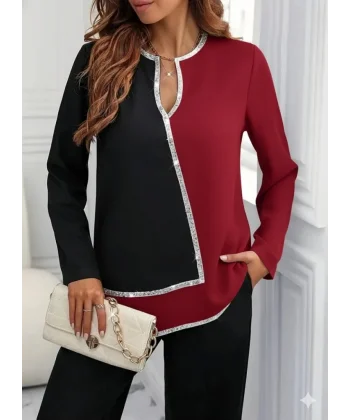 Kadın Uzun Kollu V Yakalı Pul Payet Işlemeli Ithal Krep Bluz