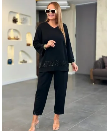 Kadın Uzun Kollu V Yakalı Pulpayet Viskon Iki Iplik Bluz Ve Pantolon Takım