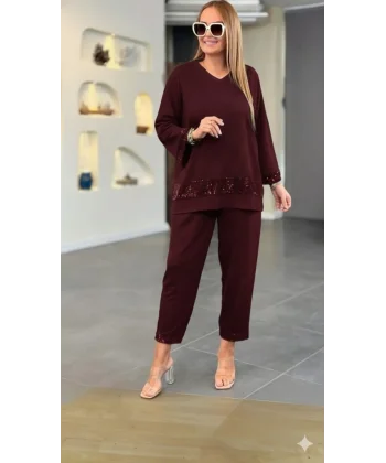 Kadın Uzun Kollu V Yakalı Pulpayet Viskon Iki Iplik Bluz Ve Pantolon Takım