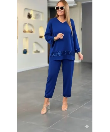 Kadın Uzun Kollu V Yakalı Pulpayet Viskon Iki Iplik Bluz Ve Pantolon Takım