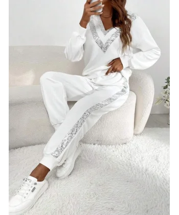 Kadın Uzun Kollu V Yakalı Pulpayetli Viskon Iki Iplik Bluz Ve Pantolon