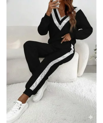 Kadın Uzun Kollu V Yakalı Pulpayetli Viskon Iki Iplik Bluz Ve Pantolon