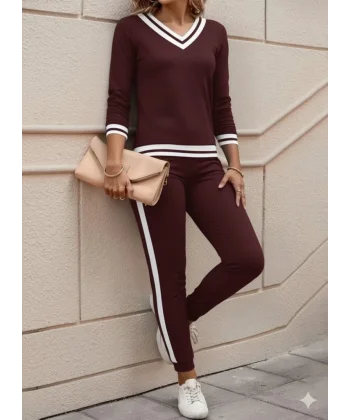 Kadın Uzun Kollu V Yakalı Ribanalı Viskon Iki Iplik Bluz Ve Pantolon Ikili Takım