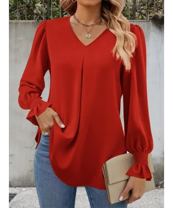 Kadın Uzun Kollu V Yakalı Salaş Ithal Krep Bluz