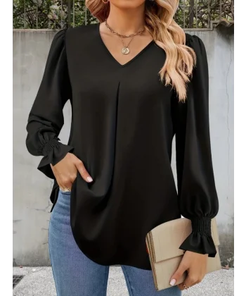Kadın Uzun Kollu V Yakalı Salaş Ithal Krep Bluz