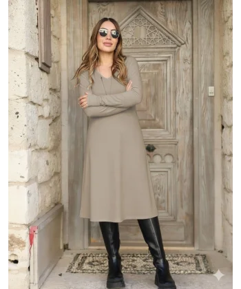 Kadın Uzun Kollu V Yakalı Salaş Midi Akrilik Elbise