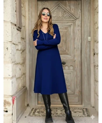 Kadın Uzun Kollu V Yakalı Salaş Midi Akrilik Elbise