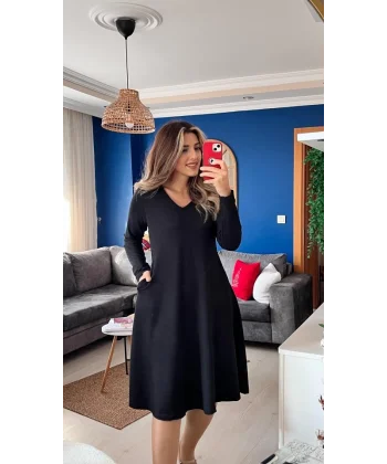 Kadın Uzun Kollu V Yakalı Salaş Midi Iki Iplik Elbise