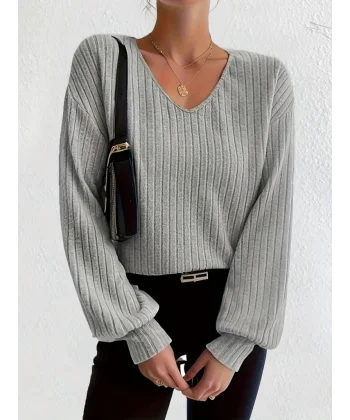 Kadın Uzun Kollu V Yakalı Salaş şardonlu Kaşkorse Bluz