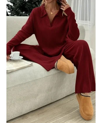 Kadın Uzun Kollu V Yakalı şardonlu Kaşkorse Bluz Ve Pantolon Ikili Takım