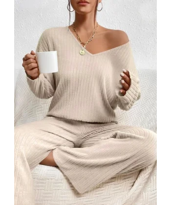 Kadın Uzun Kollu V Yakalı şardonlu Kaşkorse Bluz Ve Pantolon Ikili Takım