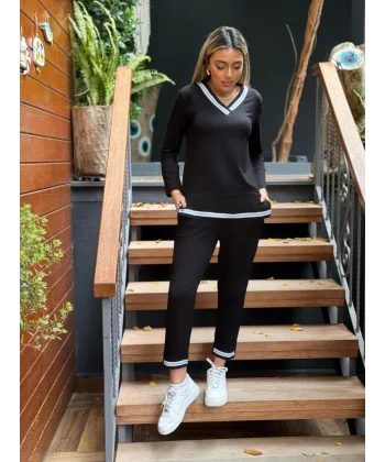 Kadın Uzun Kollu V Yakalı şerit Detay Alt Ve üst Viskon Iki Iplik Detay Ikili Takım