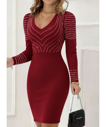 Kadın Uzun Kollu V Yakalı Taşlı Mini Ithal Krep Elbise