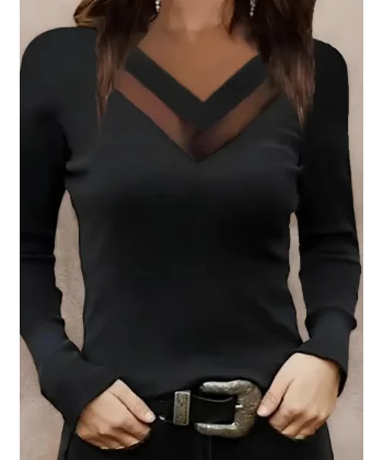 Kadın Uzun Kollu V Yakalı Tül Göğüs Dekolte Detaylı Viskon Bluz