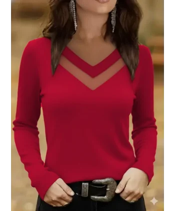 Kadın Uzun Kollu V Yakalı Tül Göğüs Dekolte Detaylı Viskon Bluz