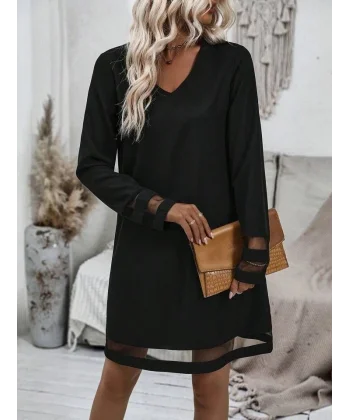 Kadın Uzun Kollu V Yakalı Tül şerit Detaylı Mini Krep Elbise