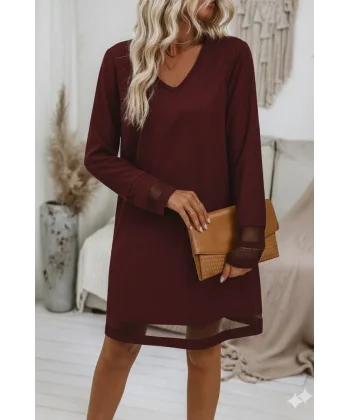 Kadın Uzun Kollu V Yakalı Tül şerit Detaylı Mini Krep Elbise