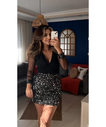 Kadın Uzun Kollu V Yakalı üst Krep Alt Payet Kısa Elbise