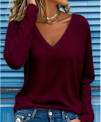 Kadın Uzun Kollu V Yakalı Viskon Iki Iplik Bluz