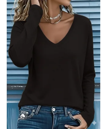 Kadın Uzun Kollu V Yakalı Viskon Iki Iplik Bluz