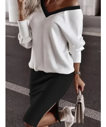 Kadın Uzun Kollu V Yakalı Viskon Iki Iplik Bluz Ve Mini Etek Ikili Takım