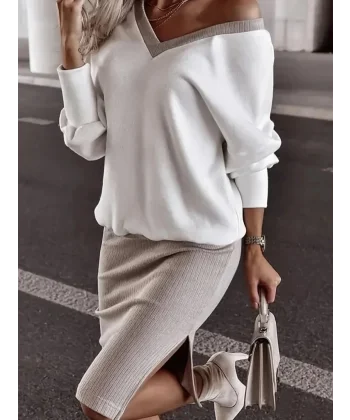 Kadın Uzun Kollu V Yakalı Viskon Iki Iplik Bluz Ve Mini Etek Ikili Takım