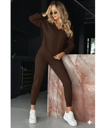 Kadın Uzun Kollu V Yakalı Viskon Iki Iplik Bluz Ve Pantolon Ikili Takım