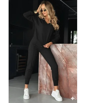 Kadın Uzun Kollu V Yakalı Viskon Iki Iplik Bluz Ve Pantolon Ikili Takım