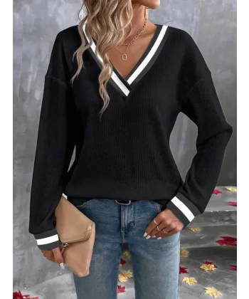 Kadın Uzun Kollu V Yakalı Waffle Bluz