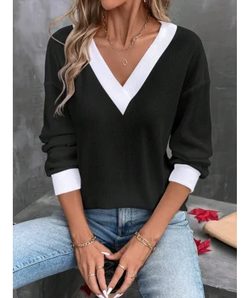 Kadın Uzun Kollu V Yakalı Waffle Bluz