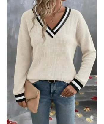 Kadın Uzun Kollu V Yakalı Waffle Bluz